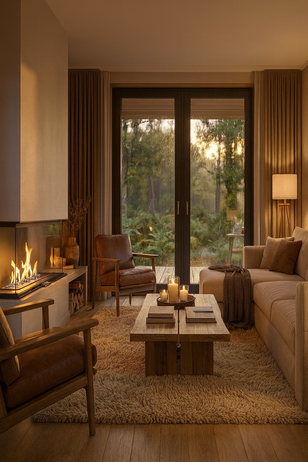 Interior cabaña con chimenea